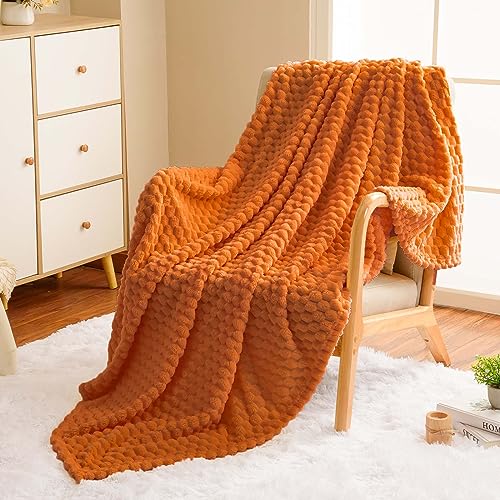 Vessia Flannel Fleece Throw Blanket(50x70 inch), 3D Jacquard Burnt Orange Fuzzy and Warm Blanket for Couch,Sofa,Bed,Chair, 300GSM Super Soft Touch Cozy Lightweight Throw for All-Season Home Decor - color: Burnt Orange-3d, size: 50x70 inch