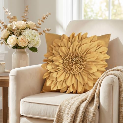Bella's Giftshop 3D Sunflower Decorative Throw Pillow Covers for Bed Sofa Couch Car, Accent Floral Taffeta Cushion Cover, Handmade Pillow Cases Living Room Decor, 17x17 Inch-Gold - color: Gold