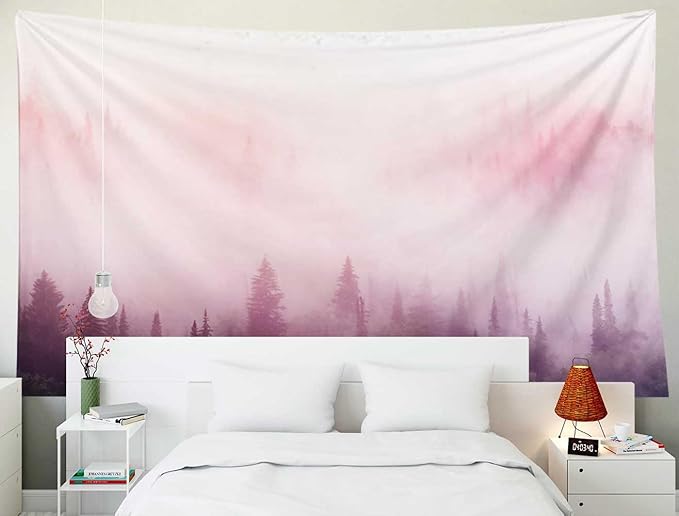 EMMTEEY Misty Forest in Pink Mist at Sunup Wall Tapestry - 60X40 Hanging Wall Art for Bedroom Living Room