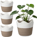 4 Pcs Large Cotton Rope Plant Basket Modern Woven Baskets for Flower Pot Floor Indoor Planters, Storage Organizer Baskets Home Decor, White Brown