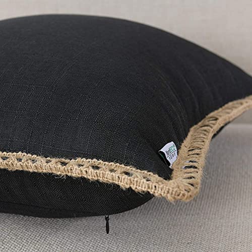 Set of 2 Farmhouse Throw Pillow Covers - Burlap Linen Trimmed Tailored Edges Decorative Cushion Covers for Bed Home Outdoor Decoration - color: Black, size: 22" x 22" (Pack of 2)