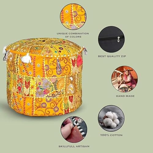 Bohemian Indian Patchwork Ottoman Pouf Cover – 18"x13" inch Round Cotton Embroidered Footstool Pillow – Vintage Ethnic Decor, Yellow (Cover Only) - color: Yellow, size: 18"D x 18"W x 13"H