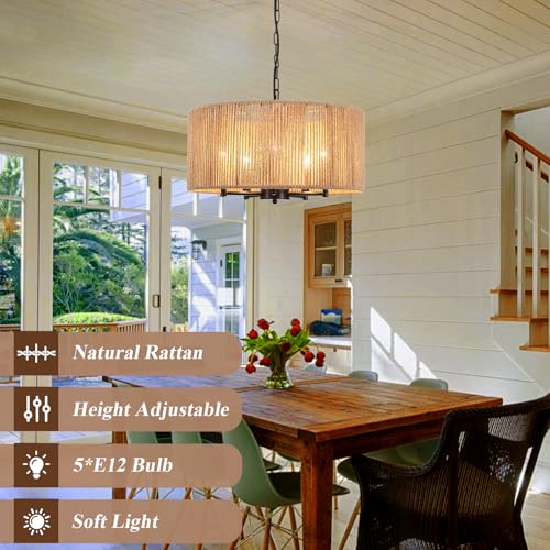 5-Light Boho Rattan Chandelier, 19'' Large Farmhouse Chandeliers Hand Woven Rattan Pendant Light Fixture, Black Wicker Chandelier for Dining Room Foyer Entryway Hallway Bedroom Kitchen Living Room - color: 5-Light Black