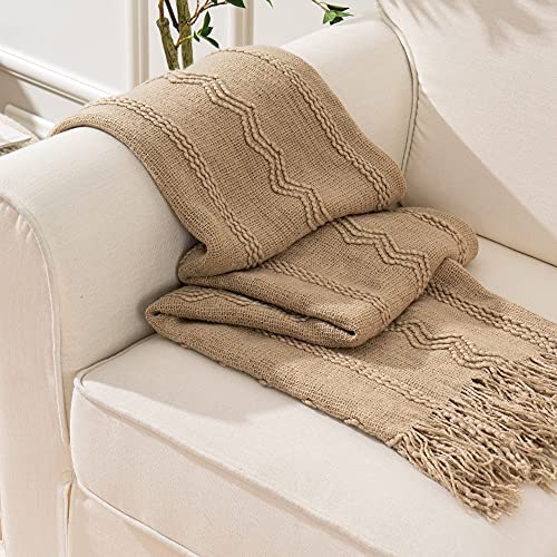 BATTILO HOME Boho Farmhouse Throw Blanket for Couch & Bed | Soft Polyester Fringe, 50x60 Tan Taupe Living Room Decor - color: Tan, size: 50 x 60 in.