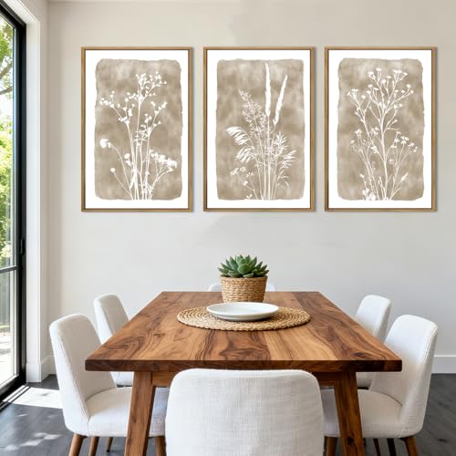 ANHUIB Beige Neutral Floral Canvas Wall Art 16x24 Inch Framed Brown Botanital Wall Decor Large Rustic Farmhouse Wildflower Artwork Boho Vintage Plant Art Prints Set of 3 for Living Room Bedroom Office - color: Beige Floral, size: 24"L x 16"W