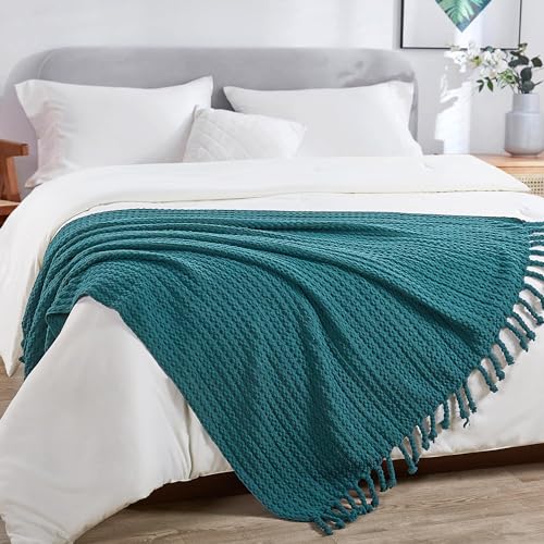 Striped Knit Throw Blanket with Braided Tassels 50" x 60", Hand Knitted Soft Chunky Chain Design Boho Farmhouse Blanket, Solid Color Tassel Decor Throw for Couch Bed Sofa Outdoor, Dark Teal - color: Dark Teal