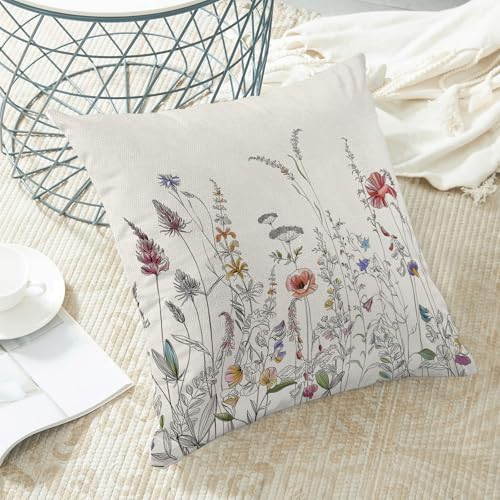 AEIOAE Spring Pillow Covers 16x16 Inch Set of 2, Black Wild Flower Throw Pillows Case,Colorful Seasonal Floral Plant Outdoor Decorative Farmhouse Decor Cushion Covers for Home Sofa Bed Couch - color: Black Flowers, size: 16" x 16" (Pack of 2)