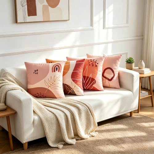 Boho Throw Pillow Covers 18x18 Set of 4 Terracotta Blush Minimalist Abstract Art Cushion Covers with Hidden Zipper, Soft Polyester Double Sided Print, Machine Washable, No Inserts - color: Warm Brown, size: 18" x 18" (Pack of 4)