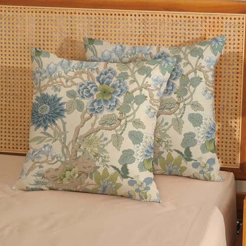 Chinoiserie Throw Pillow Covers 16x16 Inch 2 Pcs Sage Green Blue Floral Decor Pillow Covers Vintage Flower Spring Summer Outdoor Seasonal Decorative Pillowcase Linen Cushion Cover for Couch - color: Chinoiserie Blue Green Floral, size: 16" x 16" (Pack of
