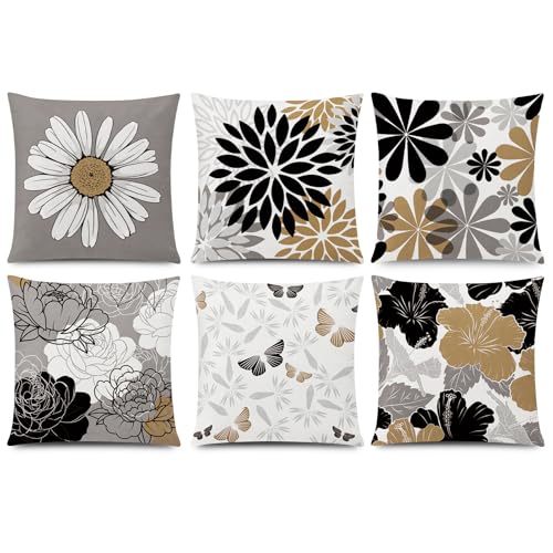 COMMINY Brown Black Pillow Covers 16x16 Set of 6, Daisy Flower Throw Pillow Cover Case Rustic Square Cushion Cover for Sofa Bedroom Living Room Farmhouse Home Decor - color: Brown Black Grey, size: 16" x 16" (Pack of 6)