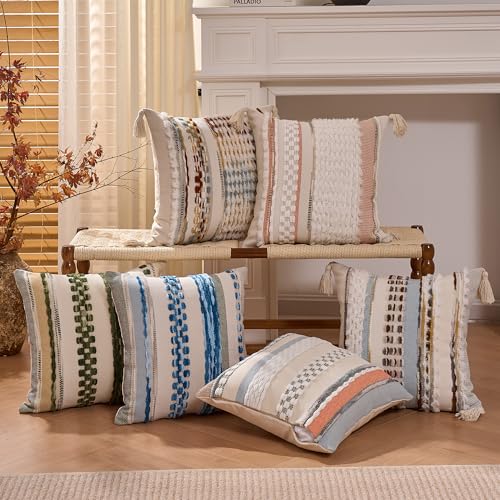 Boho Throw Pillow Covers 18x18 Inch Chenille Striped Textured Pillow Cover Farmhouse Decoration Striped Square Pillowcase for Couch Bed Sofa Bedroom Living Room,Blue(Pack of 2) - color: White-blue Stripe Pack of 2, size: 18" x 18" (Pack of 2)