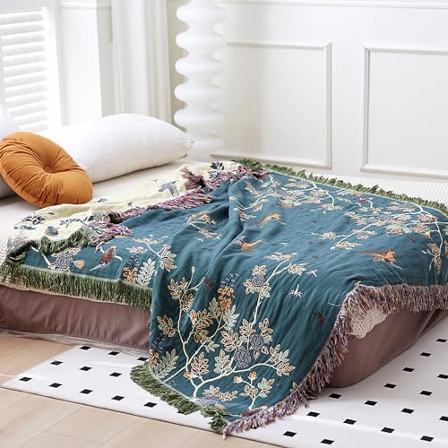 Snycler Boho Throw Blanket for Bed - 100% Cotton Ultra Soft Rustic Quilt Blanket Green Floral Bird Printed Farmhouse Decor Bed Blankets, 80"×90" All Season Rustic Throw for Sofa Chair Couch - color: Green Floral Bird, size: 80"x90"