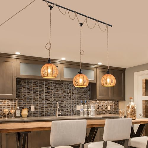 3-Light Hanging Light with Plug in Cord,Plug in Pendant Light 22ft Hemp Rope Pendant Lighting Vintage 3-Light Hanging Lamp Fixtures for Kitchen Island Living Room Bedroom - color: 3 Light 20CM Hemp Rope Shade
