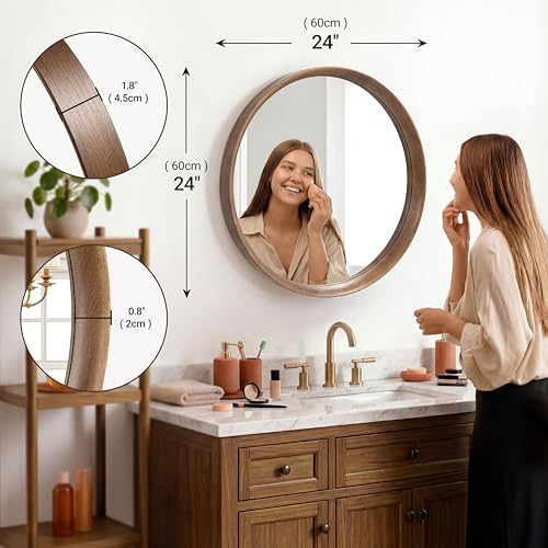 Brakki Round Wall Mirror with Wood Frame, 24 inch Circle Mirror for Bathroom Bedroom Entryway Vanity Living Room, HD Shatterproof Glass, Wall Mounted Decor, Hanging or Leaning, Walnut - size: 24"L x 24"W