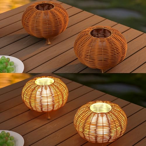 JONATHAN Y 5.75" Light Brown Modern Bohemian Indoor/Outdoor Faux Rattan Lantern Table Lamp Set of 2, Rechargeable Cordless Dimmable Integrated LED for Deck, Patio, Porch JYL7156A-SET2