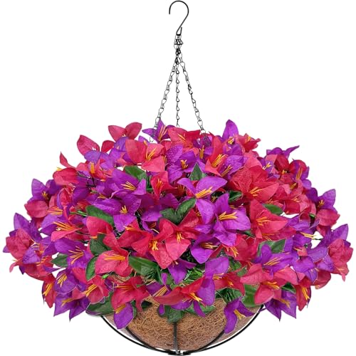 Artificial Fake Hanging Flowers Plants Baskets for Outdoors, Faux Silk Bougainvillea in Planter UV Resistant Realistic Spring Summer Decoration for Outside Porch Patio Yard Home Decor (Purple Hotpink) - color: 1 Set – Purple & Hot Pink Bougainvillea