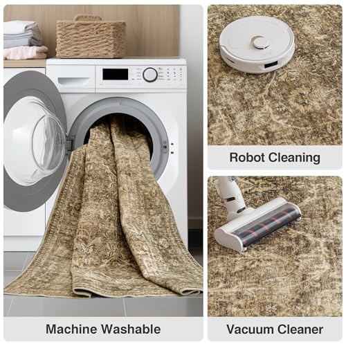 FMFUNCTEX 2x10 Runner Rug Brown Washable Vintage Neutral Distressed Non Slip Low Pile Indoor Carpet Retro Floral Hallway Entryway Rug for Kitchen Living Room Bedroom Bathroom Laundry Entry Bedside - color: Brown, size: 2' x 10' (Rectangular)