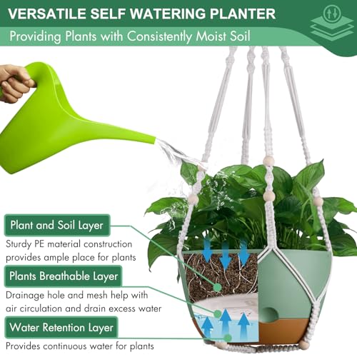 Set of 2-10 Inch Hanging Planters for Indoor Plants with Self-Watering Includes Hanging Pots for Plants, Outdoor Hanging Plant Pot with Drainage, and 2 Types of Baskets Hangers (Green, 10inch) - color: Green, size: 10inch