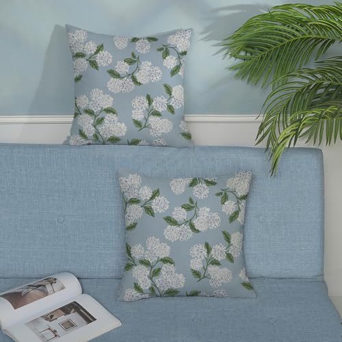 Light Blue Pillow Covers 16x16 Inch 2 Pcs Blue Green Hydrangea Flower Decor Throw Pillows Vintage Floral Seasonal Spring Summer Outdoor Decoration Pillowcase Linen Cushion Cover for Couch Sofa - color: Light Blue Hydrangea, size: 16" x 16" (Pack of 2)