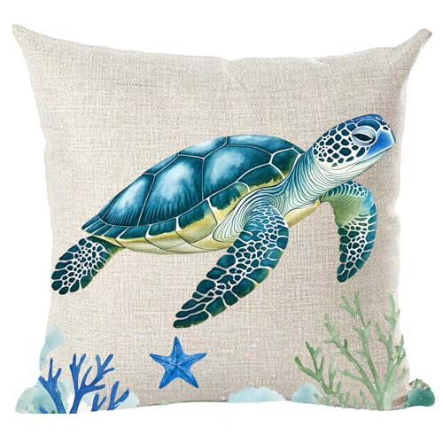 Ramirar Ink Oil Painting Watercolor Blue Green Sea Turtle Seaweed Grass Summer Decorative Throw Pillow Cover Case Home Living Room Bed Sofa Car Cotton Linen Square 18 x 18 Inches