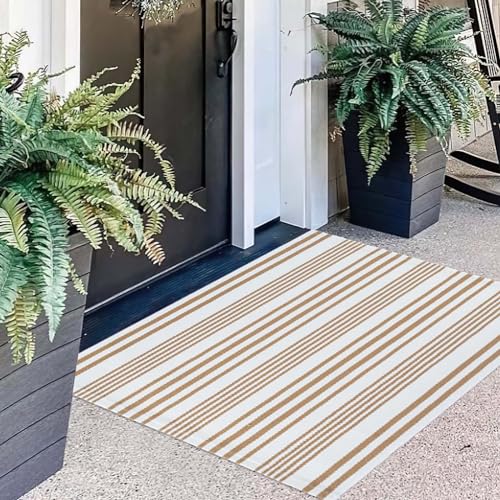 Khaki and White Striped Outdoor Rug 24'' x 35'' Door Mat Outdoor Machine Washable Welcome Mats Cotton Hand-Woven Entryway Rug for Front Porch/Entryway/Laundry/Bathroom/Bedroom - color: Khaki White, size: 2' x 3' (Rectangular)