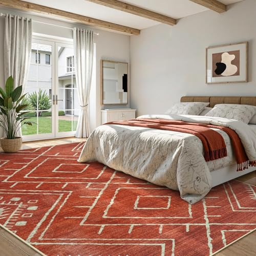 LIVEBOX Moroccan 8x10 Area Rug, Washable Orange Rugs for Living Room Bedroom, Non Slip Western Tribal Rug Geometric Soft Large Area Rug Diamond Carpet for Dining Room Home Office Decor (Brick Red) - color: Brick Red, size: 8‘ x 10'