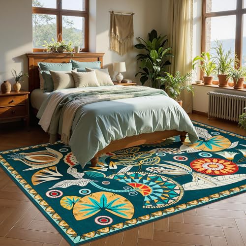 Joydeco Egypt Floral Machine Washable Living Room Area Rugs 5x7, Boho Vintage Dark Green Rug for Bedroom Nursery, Non Slip Ultra-Thin Throw Carpet for Playroom Dining Room Classroom - color: Dark Green, size: 5' x 7' (Rectangular)