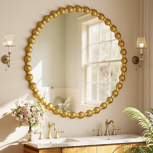 Easly Round Mirror for Wall, 36 Inch Gold Beaded Frame Decorative Vanity Mirror, Circle Bathroom Mirror with High-Definition Lense, Modern Wall Decor for Bathroom, Living Room, Bedroom, Entryway - color: Gold, size: 36"L x 36"W