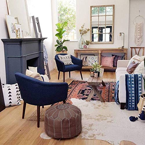 Marrakesh Gallery Genuine Leather Round Pouf Unstuffed - Moroccan Ottoman Footstool, Footrest Cover - Boho Decor - Bohemian Living Room, Bedroom, Kids Room, Gift & Wedding - color: Brown