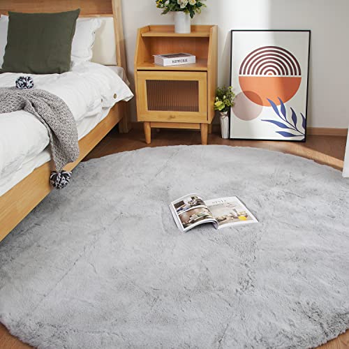 Ghouse Faux Rabbit Fur Round Rug 6ft Grey Round Rugs for Bedroom Decor Fluffy Area Rugs for Living Room, no-Shedding Carpet Sheepskin Washable Rug Rome Decor - color: Grey, size: 5'11" (Round)