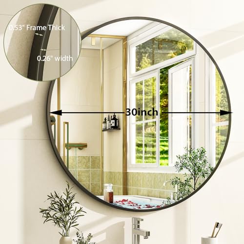 30 Inch Round Bathroom Mirror - Black Wall Mounted Circle Mirror with Metal Frame, Modern Round Hanging Mirror Suitable for Bathroom, Vanity, Entryway, Living Room - color: Black, size: 30"L x 30"W