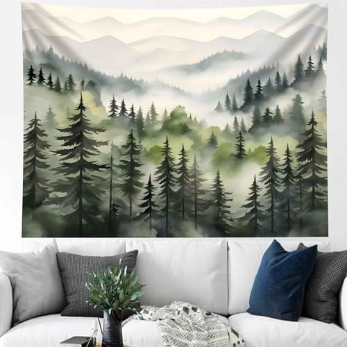 TUGCAY Misty Mountain Forest Tapestry, Green Nature Foggy Watercolor Tree Tapestries Landscape Scenery Tapestry Wall Hanging for Bedroom Living Room Backdrop 51 x 60 Inch