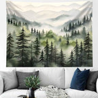 TUGCAY Misty Mountain Forest Tapestry, Green Nature Foggy Watercolor Tree Tapestries Landscape Scenery Tapestry Wall Hanging for Bedroom Living Room Backdrop 51 x 60 Inch