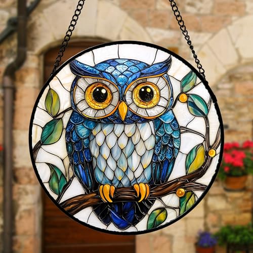 DASTOLL Stained Glass Window Hanging, Owl Gifts for Women Sun Catchers Diamond Glass Panel Hangings Birds Suncatcher Decor for Birthday for Women, Men, Wife, Aunt,and Mom 7.8X7.8IN - color: Blue, size: 7.8x7.8 IN