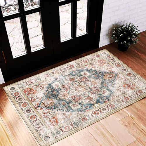 CHAMPLANT Beige Blue Area Rug 2'x3' Washable Rug Door Mat Vintage Distressed Doormat Indoor Entrance Traditional Thin Floral Print Non Slip Carpet for Kitchen Bathroom Bedroom Living Room - color: Beige and Blue, size: 2' x 3' (Rectangular)