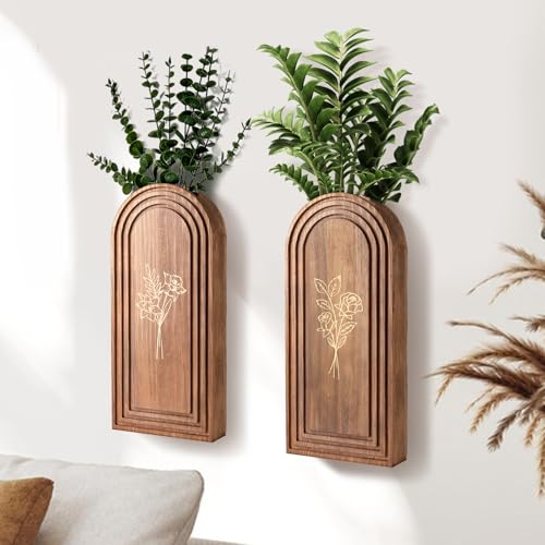 Rustic Wood Wall Planter - Decorative Hanging Vase for Dried Flowers & Artificial Plants, Farmhouse Wall Art Decor for Living Room & Entryway, Set of 2 Faux Greenery Holder (Not for Live Plants) - size: 2pack-Brown