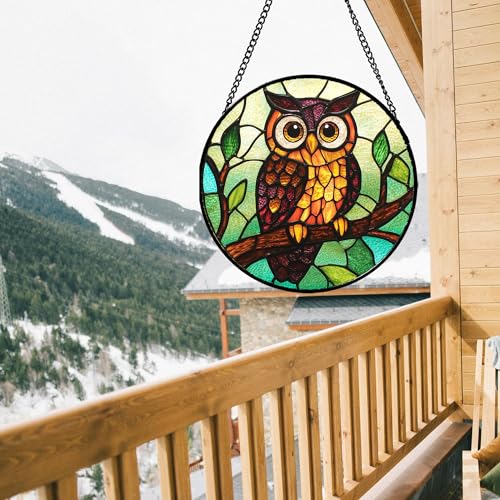 Stained Glass Window Hanging - Owl on a Branch Suncatcher for Doors Window Home Orange Brown Sun Catchers Decor Christmas Mother's Day Birthday Gifts for Teacher Women Men Mom Nana 7.8 in - color: Green and Brown, size: 7.8x7.8 IN