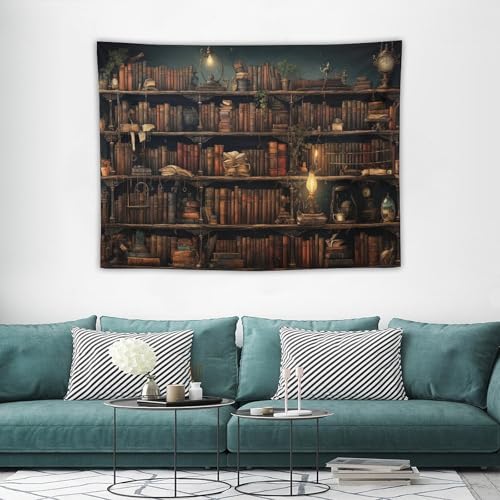 Houselerax Vintage Bookshelf Tapestry Library Wall Hanging Tapestries,Old Books on Shelf Classical Study Room Student Study College Dorm Bedroom Living Room 60"x40" - color: Bookshelf-5, size: W60xL40in