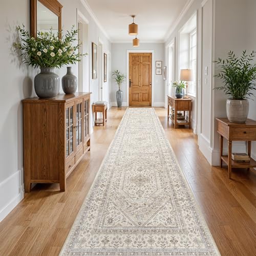 3x20 Runner Rug for Hallway Washable: Non Slip Kitchen Rugs with Rubber Backing Soft Waterproof Mats Stain Resistant Indoor Vintage Carpet Runner for Bedroom Bathroom Laundry Entryway Beige/Gray - color: Beige/Gray, size: 3' x 20' (Rectangular)