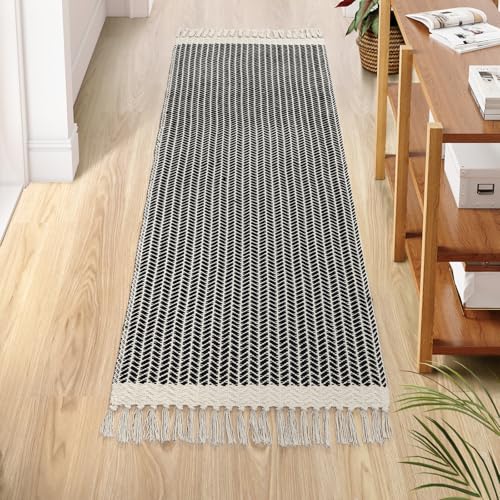 Lahome Belle Boho Hallway Runner Rug, 2x6 Laundry Room Lightweight Entry Woven Cotton Throw Mat with Tassels, Farmhouse Non Shedding Washable Black Low Pile Runner for Kitchen Bathroom - color: Black, size: 2' x 6' (Runner)