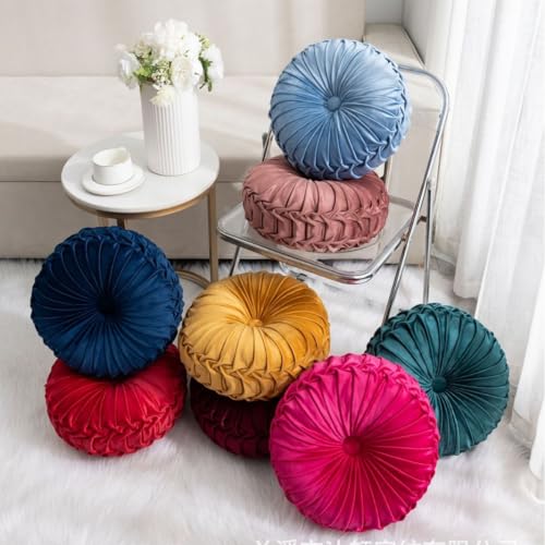 MOCOFO Round Velvet Throw Pillow, Pumpkin Shape Decorative Floor Cushion, Handcrafted Pleated Design, 14 and 16 Inch Diameter, Multiple Colors, Polyester Fill (Light Grey, 14") - color: Light Grey, size: 14"