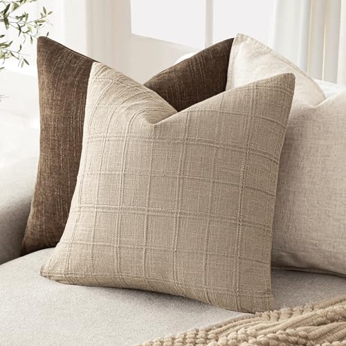 Foindtower Set of 1 Decorative Linen Check Throw Pillow Cover Neutral Farmhouse Vintage Cushion Cover Modern Coastal Boho Home Decor for Sofa Chair Couch Bedroom Living Room,16×16 Inch,Camel - color: Camel, size: 16" x 16" (Pack of 1)