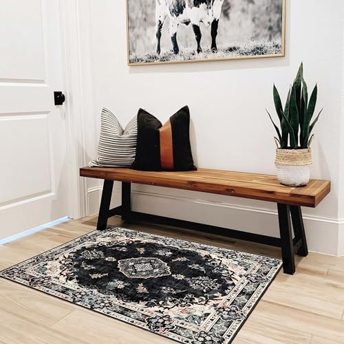 MUJOO Black Rug 2'x3',Small Washable Area Rugs for Entryway Kitchen Bathroom Bedroom,Boho Vintage Bohemian Distressed Farmhouse Non Slip Carpet, Floral - color: Black, size: 2' x 3' (Rectangular)