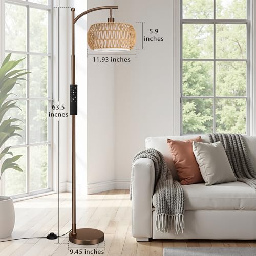 Ambimall Arc Floor Lamp for Living Room with Remote, Color Temperature & Brightness Adjustable, Bohemia Standing Lamp with Rattan & Fabric Double Drum Shades, Bulb Included(Brown) - color: Brown Bohemian