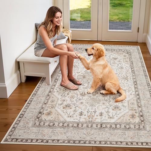 4x6 Rug Washable for Entryway: Oriental Runner for Bedroom - Ultra Thin Low Pile Stain Resistant Carpet - Home Decor for Vintage Style Lover - 4x6 Ivory - color: Ivory, size: 4x6