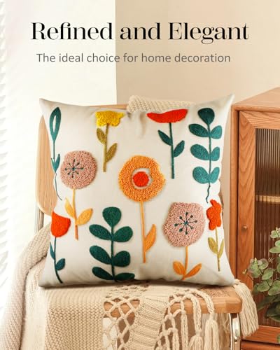 Embroidered Throw Pillow Cover - 18x18 Decorative Pillow Cover with Zipper Aesthetic Cute Design Boho Spring Summer Cozy Throw Pillowcase for Living Room Couch Sofa Bed, Plants - color: Plants, size: 18" x 18" (Pack of 1)