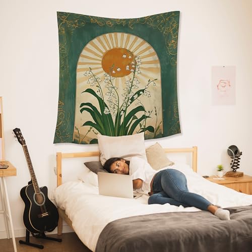 HUGANE Emerald Green Lily of the Valley Boho Sun Tapestry, Mystical Folk Botanical Wall Tapestries, Vintage Boho Sunshine Flower Hanging Wall Decor for Bedroom Living Room Home Office