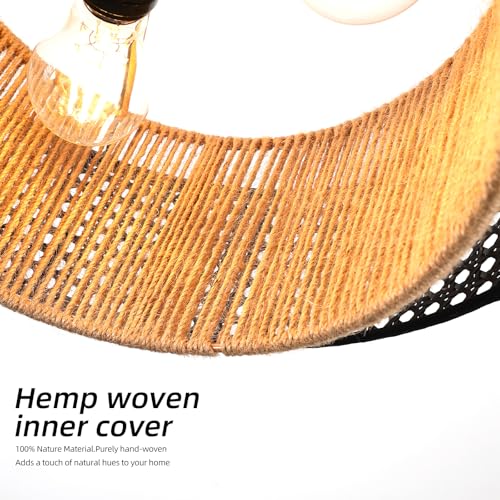17.7" Black Bohemian Wicker Flush Mount Ceiling Light, Hand-Woven Double Layer Drum Semi-Flush Fixture for Bedroom, Living Room, Dining Room, Hallway & Kitchen - color: 17.7'' Rattan&Hemp rope Black
