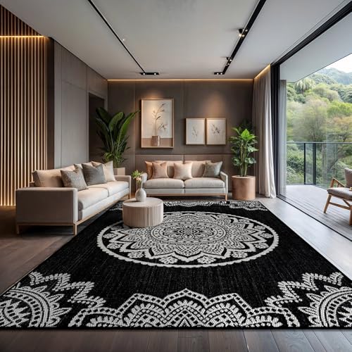 CAMILSON Outdoor Rug 10x14 Modern Large Area Rugs for Indoor and Outdoor Patios and Porches - Washable Non-Shedding Easy-to-Clean Outside Carpet (10 x 14 Medallion - Black/White) - color: Medallion - Black / White, size: 10' x 14' (Rectangular)
