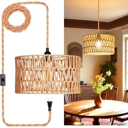 Plug in Pendant Light,Rattan Hanging Lights with Plug in Cord,Handmade Hanging Lamp Plug in,Rattan Light Fixtures Ceiling Hanging for Living Room Bedroom - size: 12.6 Inch-Barrel Shade